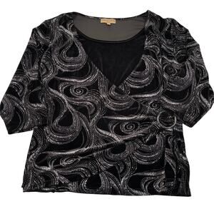 Notations Top Womens 3X Black Velour Velvet Silver Glitter Faux Wrap Buckle